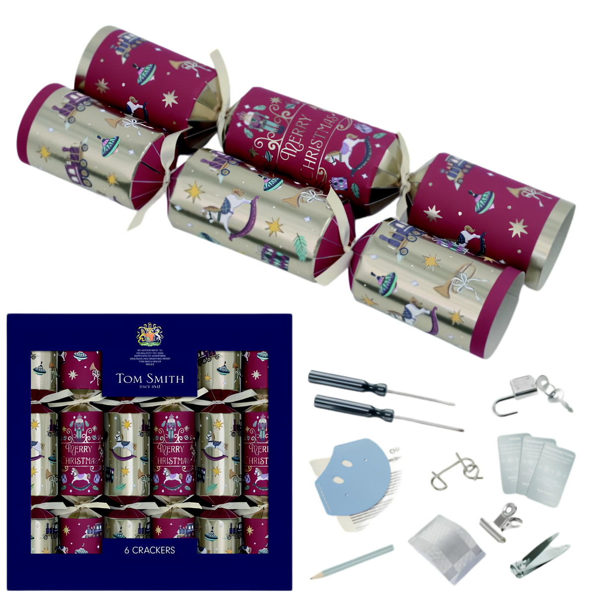Tom Smith box of 6 14-inch Christmas crackers featuring nostalgic toy box pattern and gold ribbon ties.