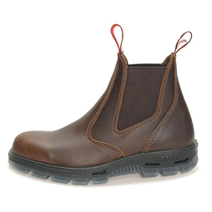 Pair of Redback soft toe dealer boots in Jarrah Brown leather showing the elastic sides and pull tabs.