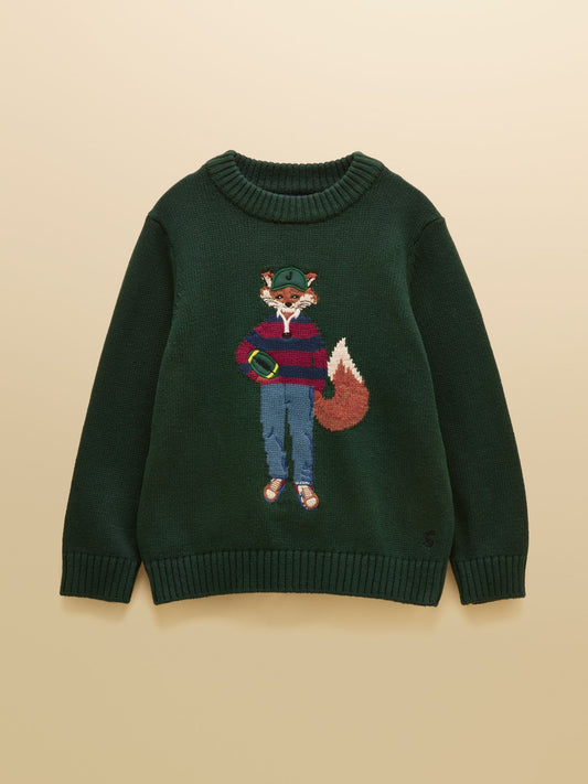 Joules Jonty Fox cotton knit jumper with ribbed cuffs and a graphic of a fox.