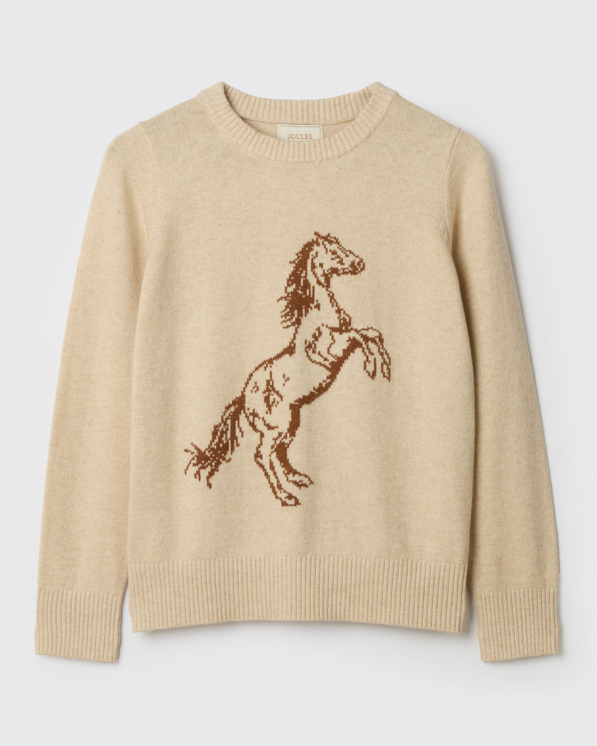 Joules women's horse intarsia crew neck knitted jumper in oatmeal showing equestrian chest graphic and ribbed trims