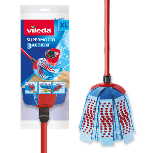 Vileda SuperMocio 3Action XL mop with red and blue three-zone cleaning head