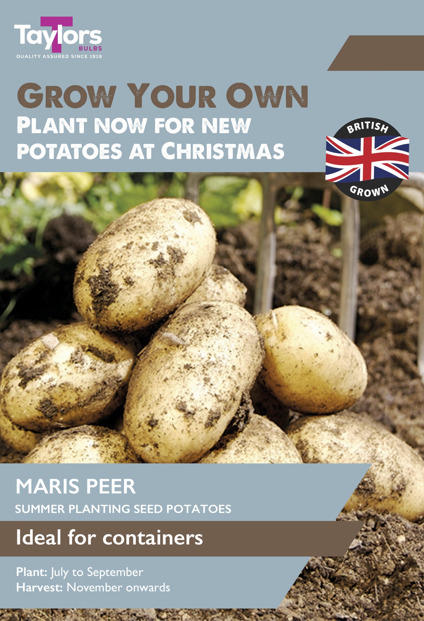 Taylors Bulbs Maris Peer Summer Planting Seed Potatoes retail pack showing a pile of freshly dug, clean oval new potatoes sitting on garden soil with a garden fork in the background.