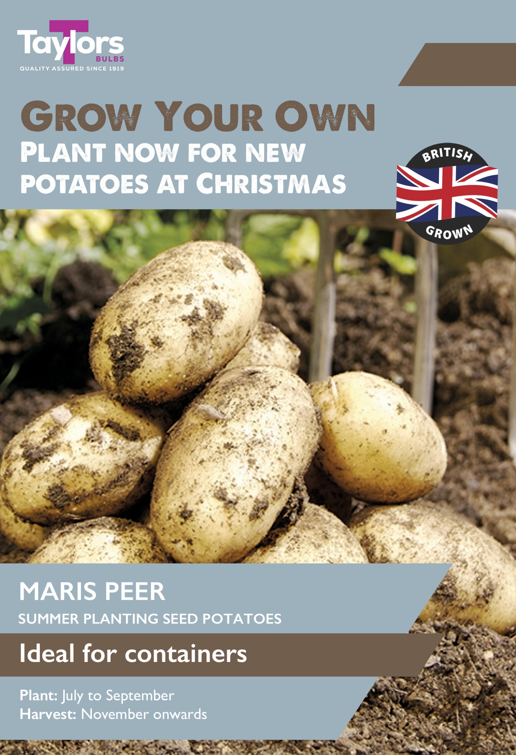 Taylors Bulbs Maris Peer Summer Planting Seed Potatoes retail pack showing a pile of freshly dug, clean oval new potatoes sitting on garden soil with a garden fork in the background.