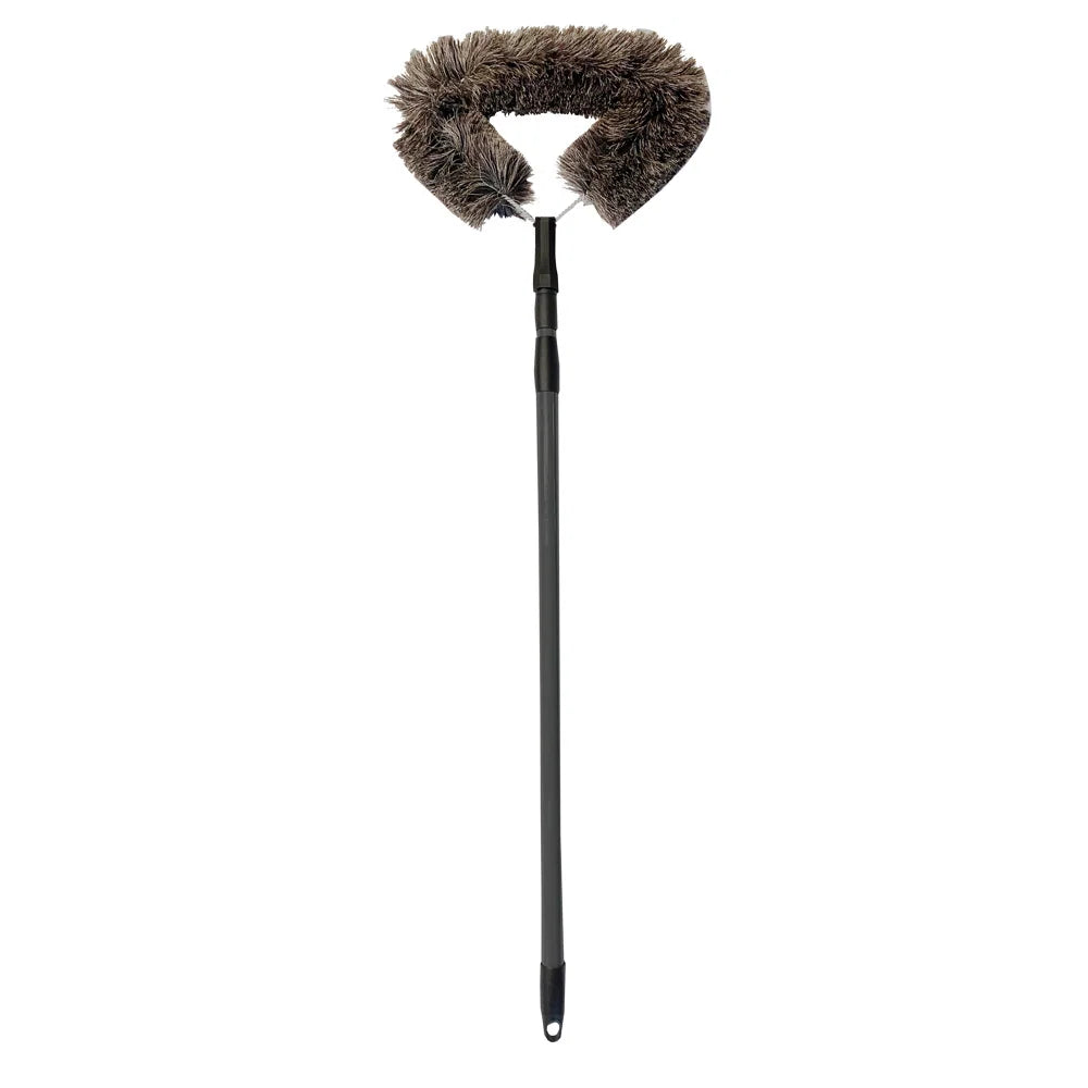 Valet cobweb duster with natural bristles shown on an extended black plastic pole against a white background