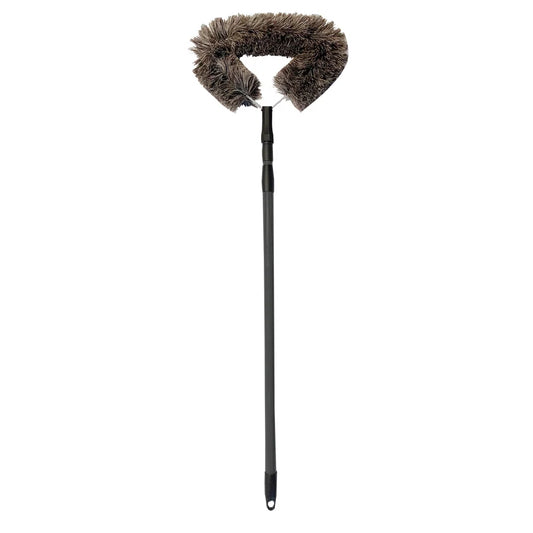 Valet cobweb duster with natural bristles shown on an extended black plastic pole against a white background