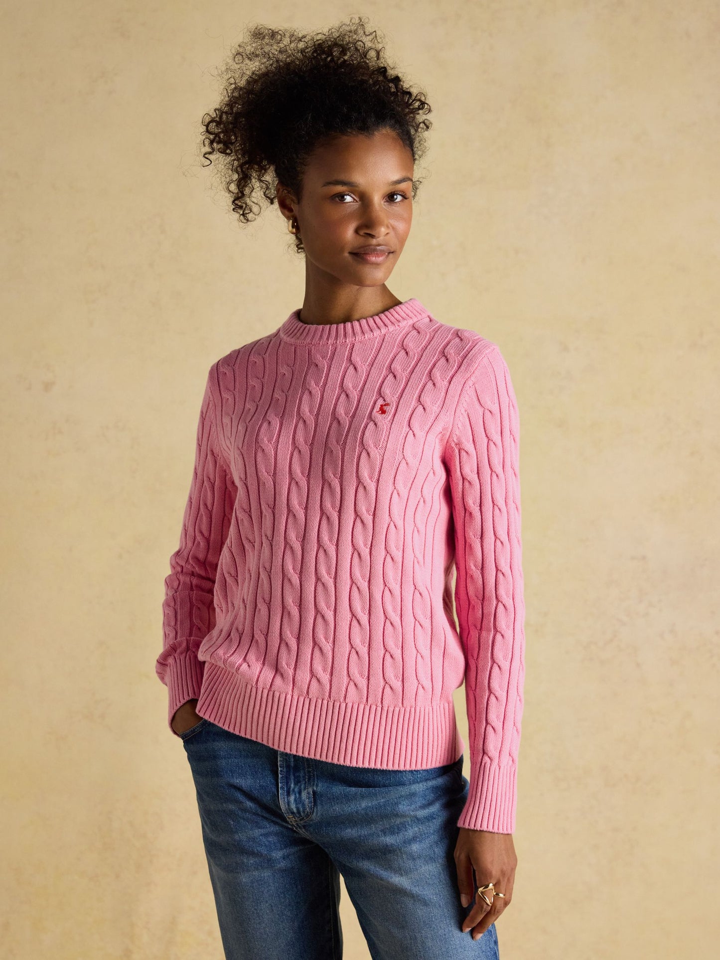 Joules Classic Cable Crew Neck Jumper in Pink with Pink Logo