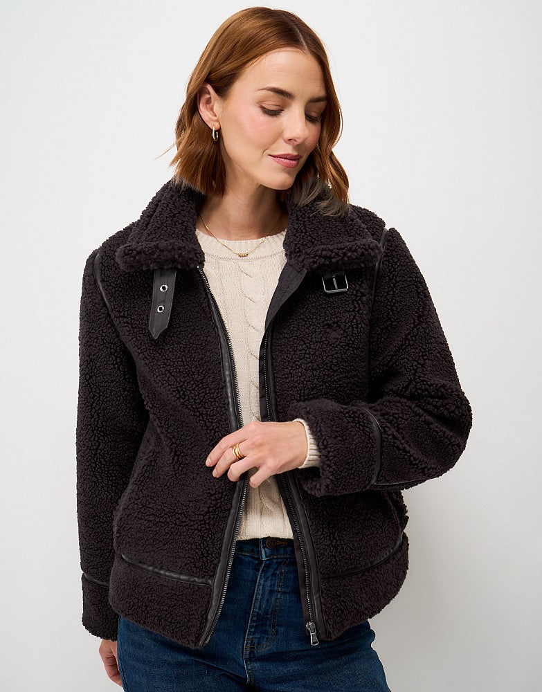 Crew Clothing Borg Aviator Jacket in plush fleece featuring buckle neck closure and branded zip fastening.