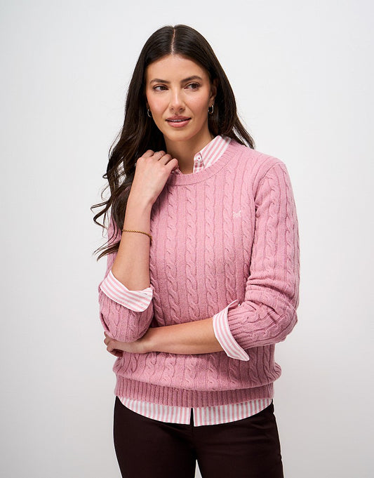 Crew Clothing merino blend cable knit crew neck jumper with ribbed trims and embroidered crossed oars chest logo in pink