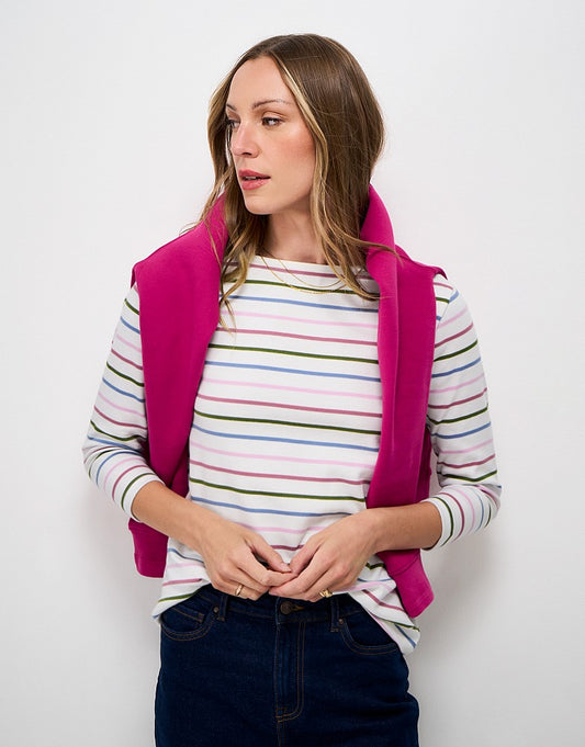 Front view of Crew Clothing Womens Ultimate Breton Top featuring classic stripes and embroidered logo on the hem.