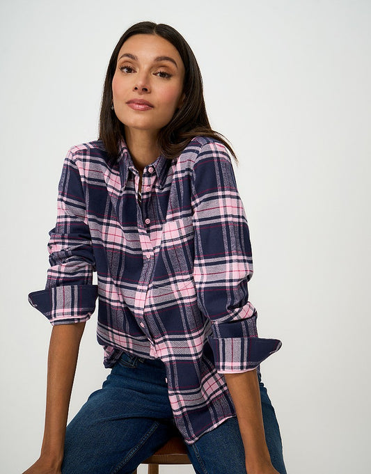 Crew Clothing relaxed fit cotton flannel long sleeve shirt with chest pocket and embroidered crossed oars in navy and pink check.