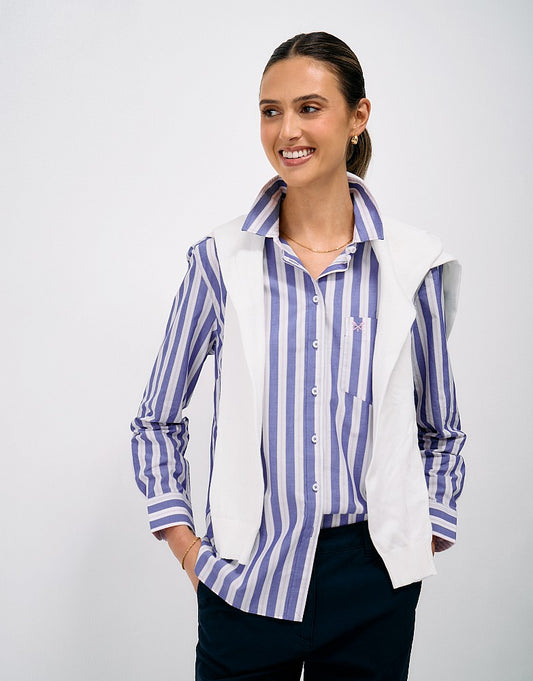 Front view of Crew Clothing Women's Relaxed Fit Cotton Poplin Shirt featuring chest pocket and embroidered logo.
