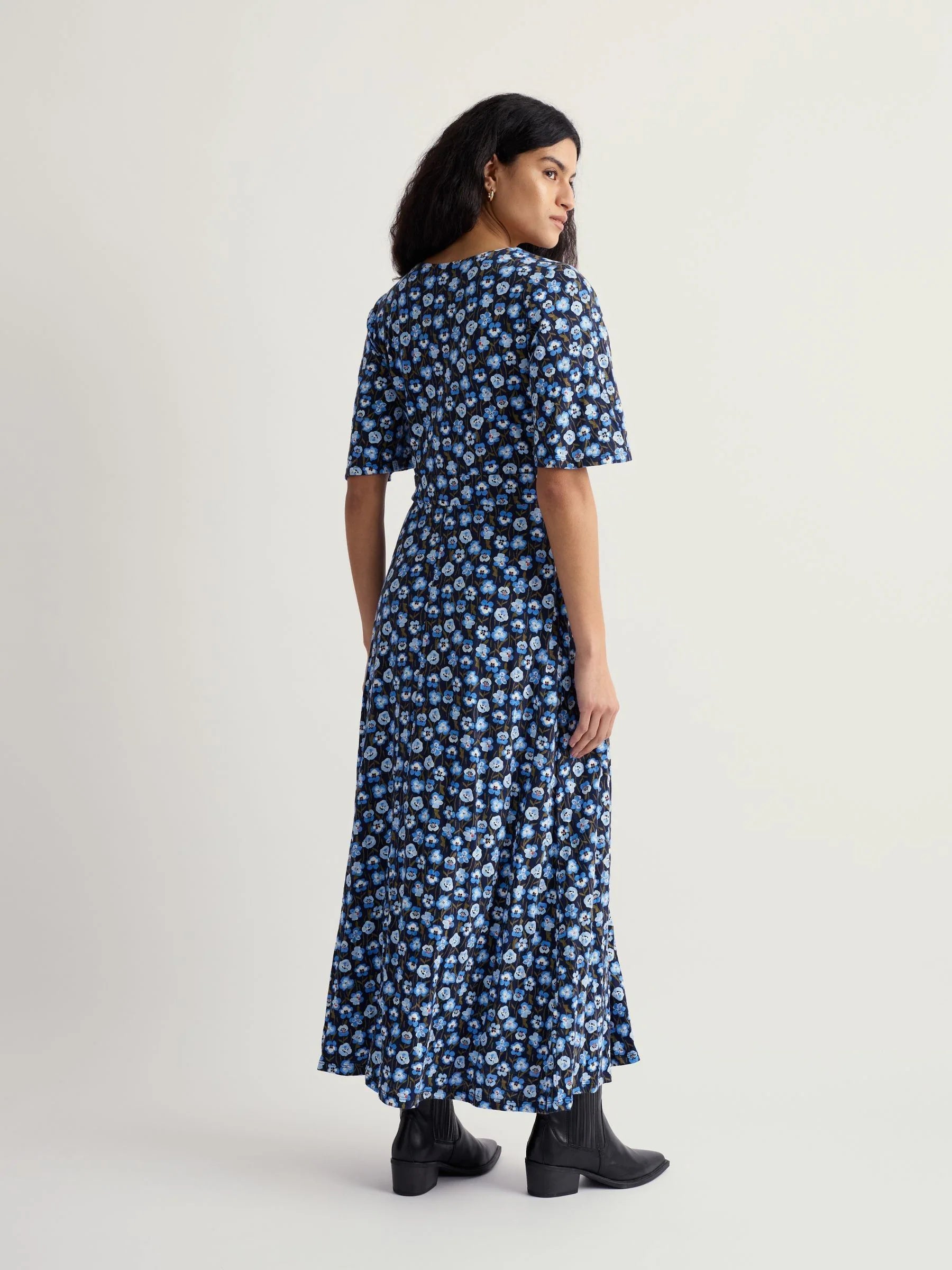 Seasalt Chateaux Half-Sleeve Maxi Dress in Pressed Pansies Sail (Rear)