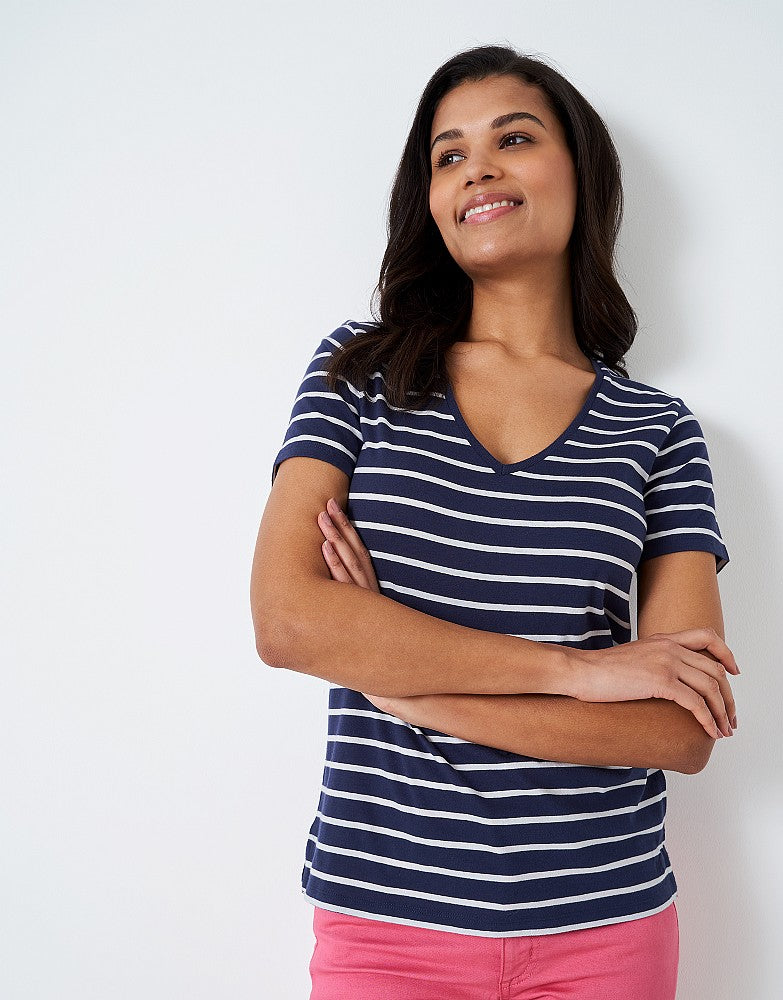 Crew Clothing Women's Breton V Neck T-Shirt - Navy White Stripe