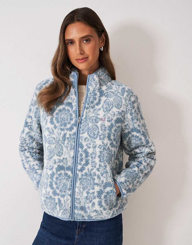 Crew Clothing Boucle Bonded Zip Through Curved Hem Fleece in a Blue Print