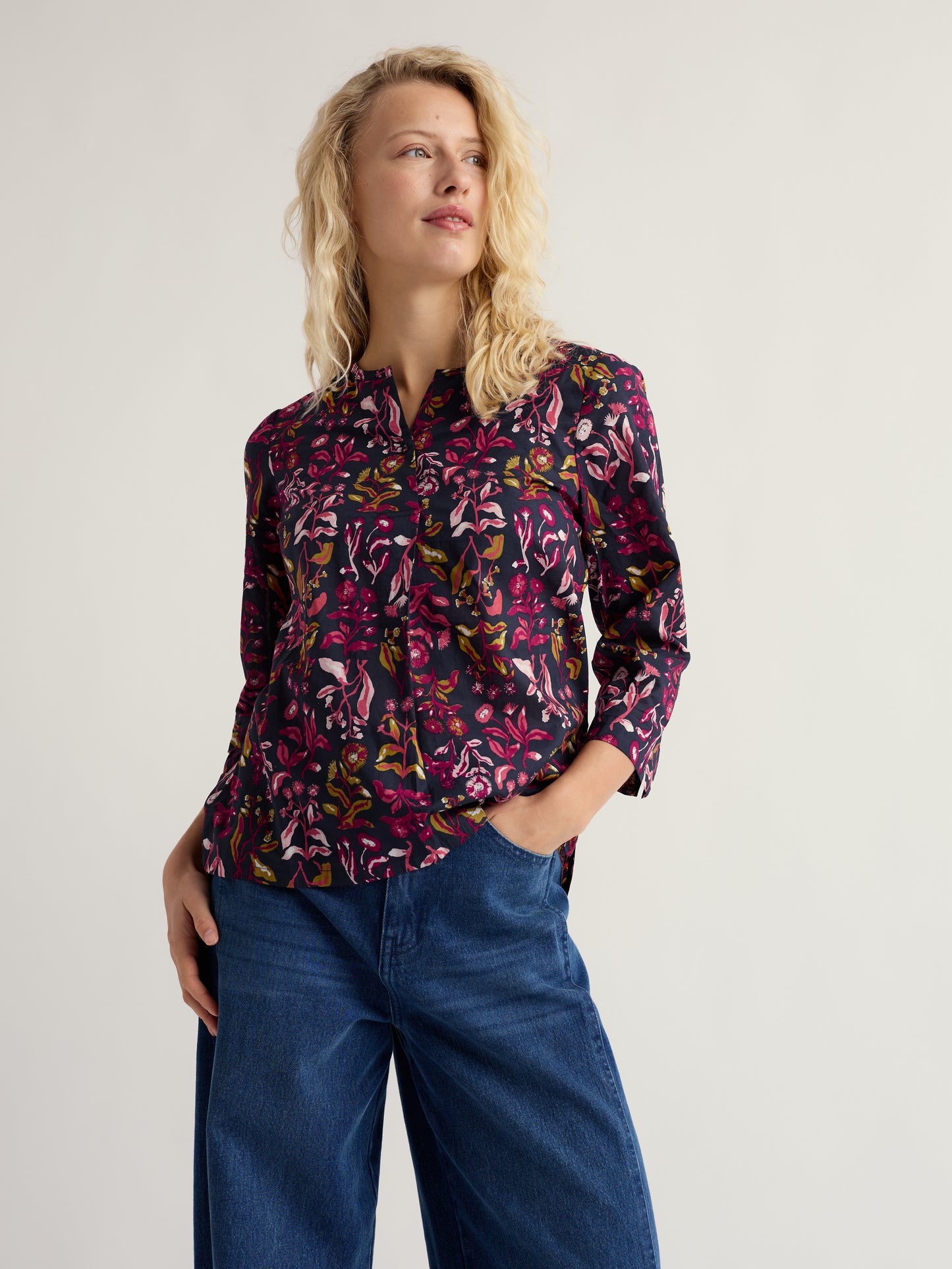 Seasalt Watercolour Sketch 3/4 Sleeve Top in Inky Botanical Maritime