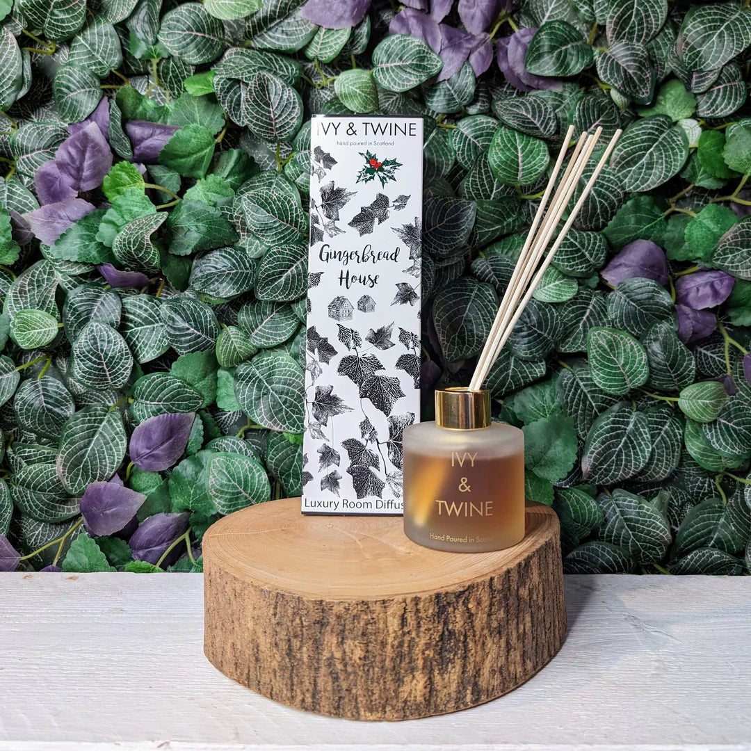 Ivy &amp; Twine Gingerbread House 100ml glass reed diffuser bottle with fragrance oil and natural diffuser sticks