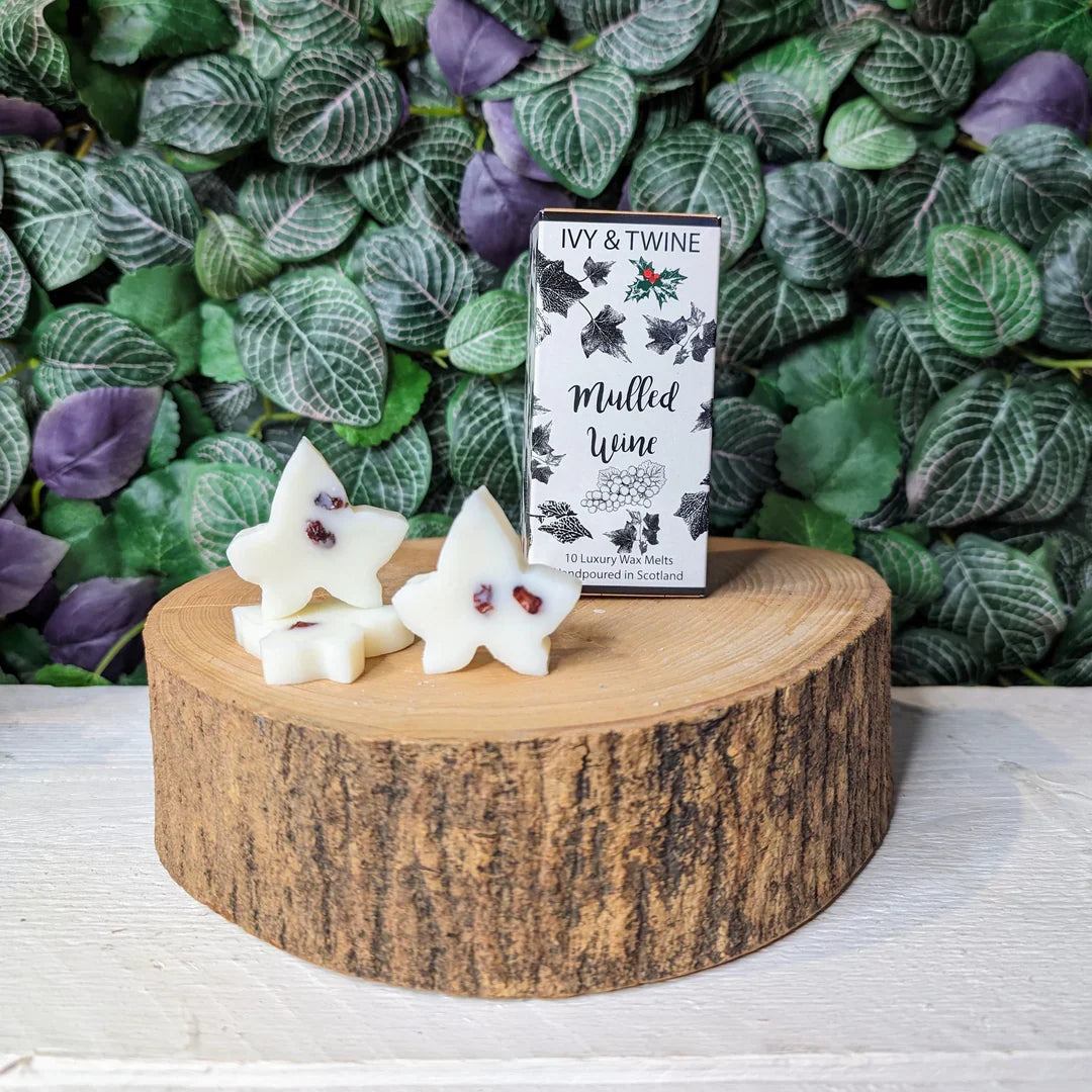 Ivy &amp; Twine Mulled Wine botanical wax melt bar displayed beside a ceramic fragrance warmer