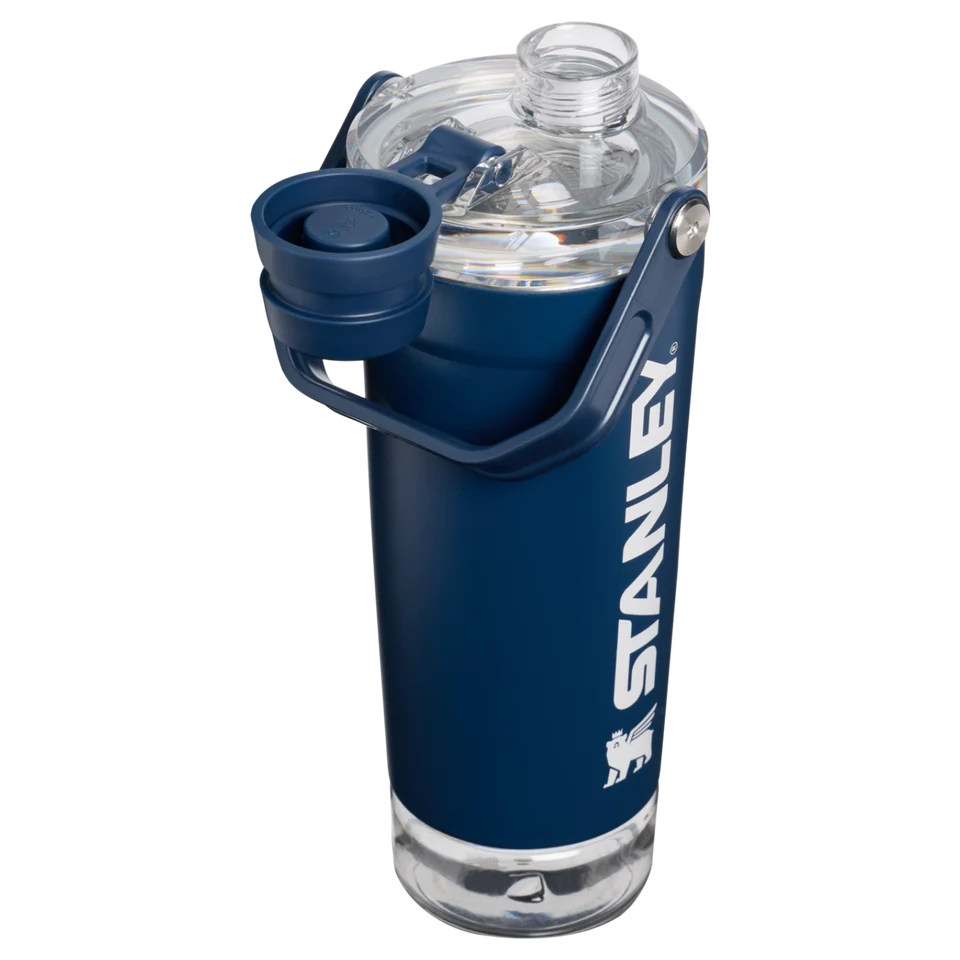 Stanley Vitalize Shaker Bottle 0.59L in Dark Navy featuring detachable storage compartment and carry handle