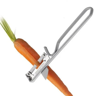 Westmark swivel head stainless steel vegetable peeler with potato eye remover shown against a white background