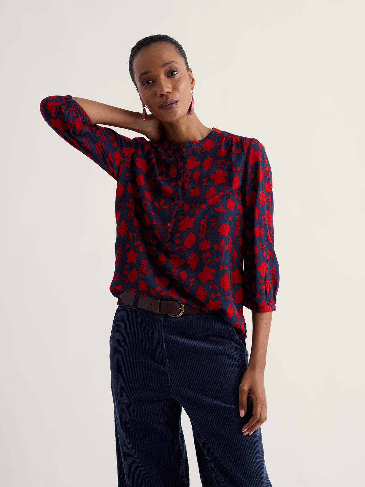 Seasalt Willow Path printed shirt in soft viscose with three-quarter blouson sleeves and classic collar.