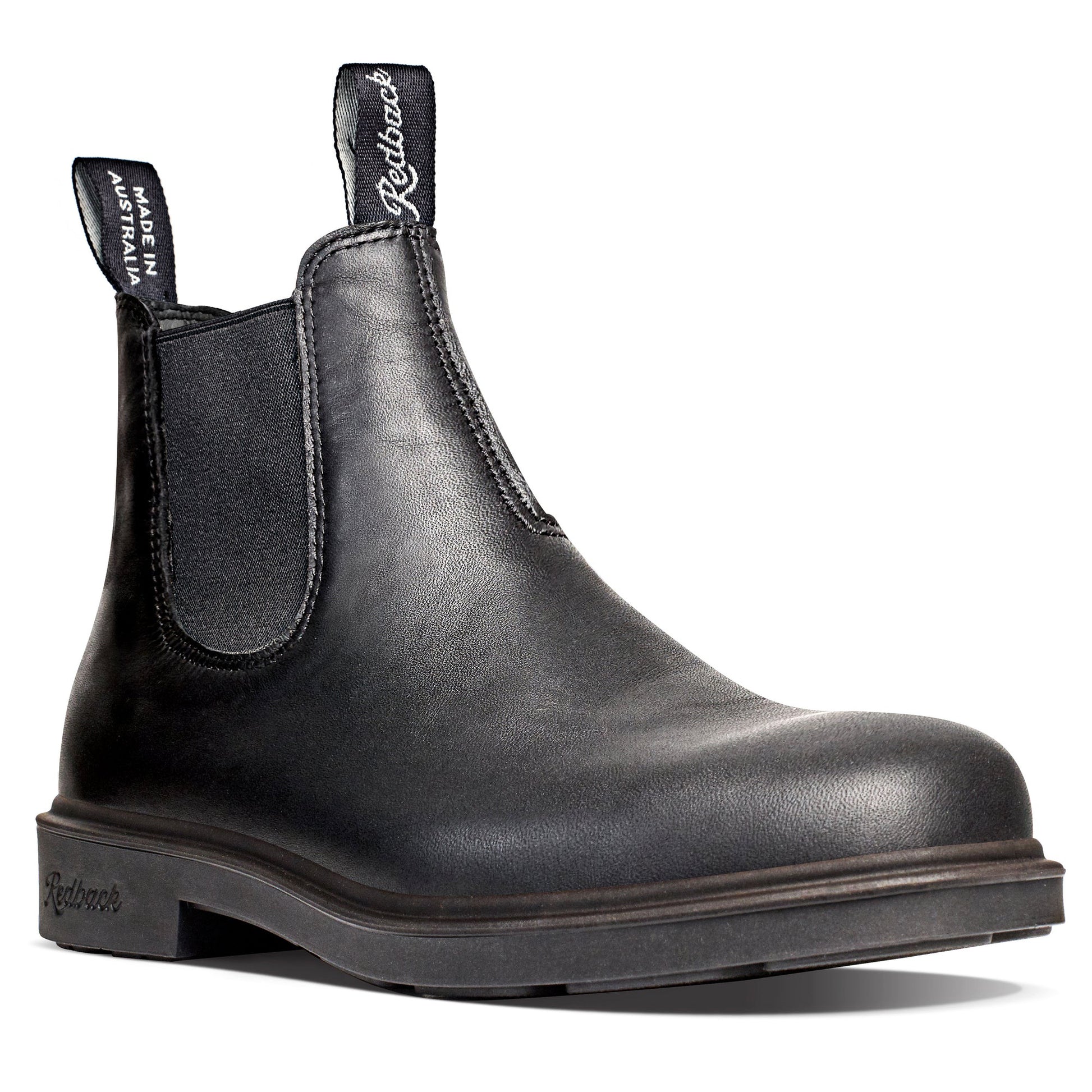 Side view of the black Redback Whistler dress Chelsea boots, showcasing the polished leather sheen, elastic gusset, and pull tabs.