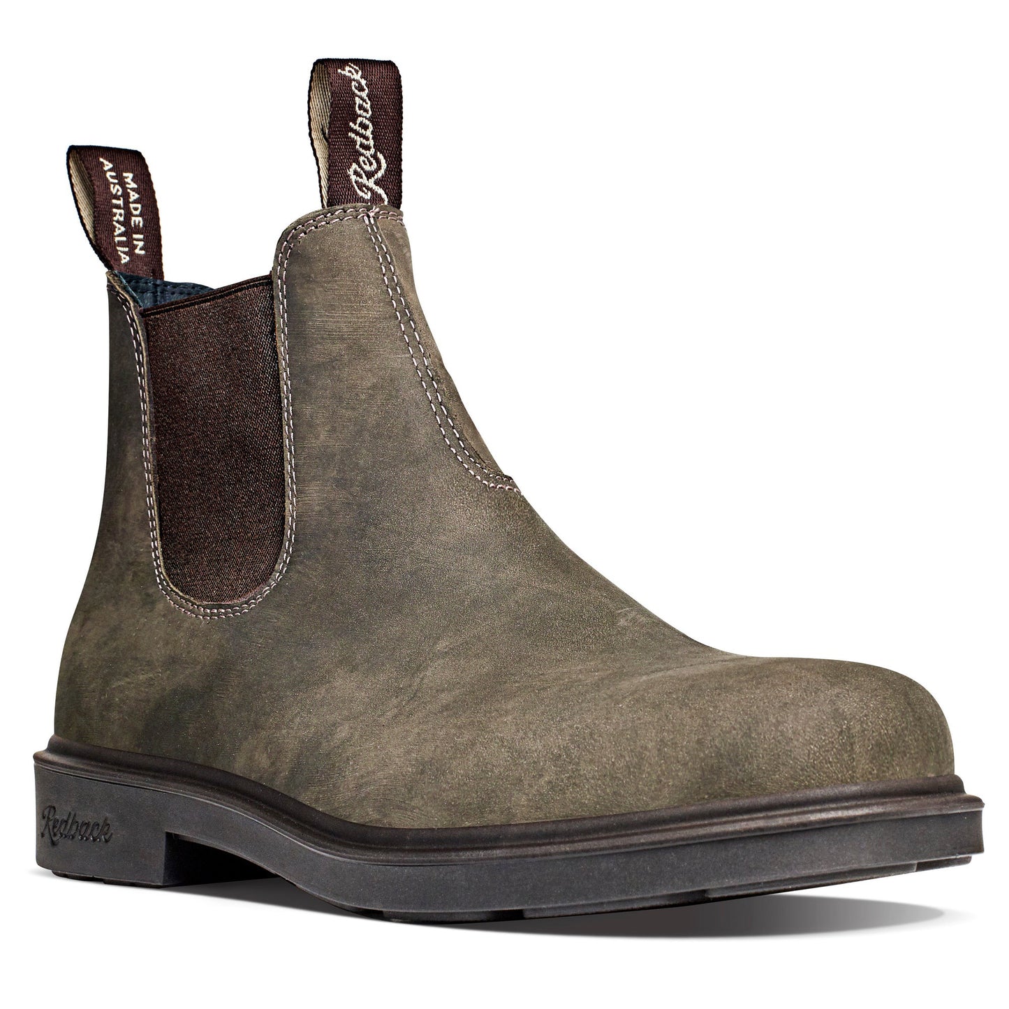 Side view of a Redback Whistler dress boot in mottled Iron Bark brown-grey leather with dark brown elastic side panels and script pull tabs.