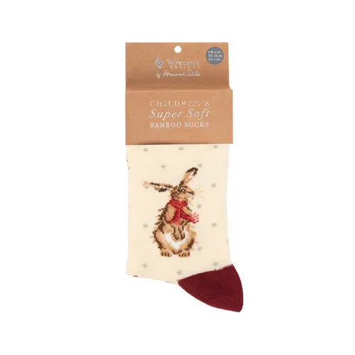 Wrendale Designs children's super soft cream bamboo socks featuring an illustrated winter hare wearing a red scarf