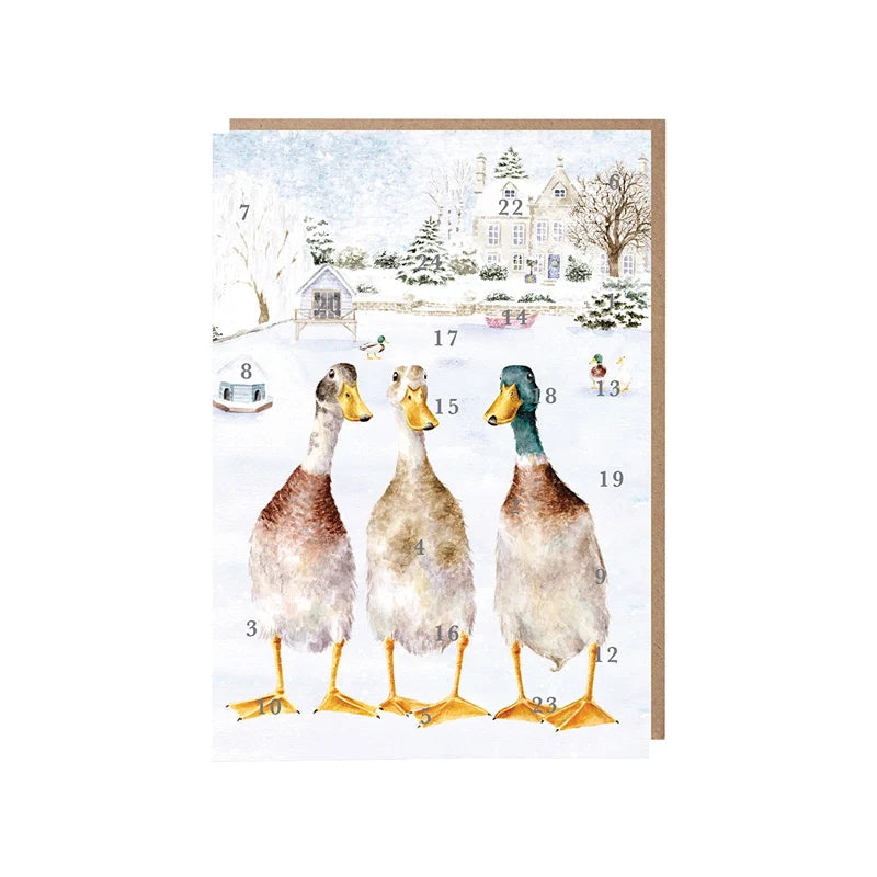 Wrendale Designs Christmas On The Pond advent calendar card featuring three ducks on a snowy frozen pond