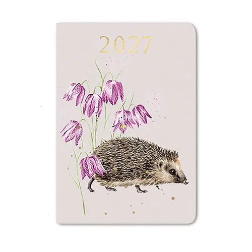 Wrendale Designs 2027 mini diary featuring an illustrated hedgehog beside purple flowers with gold foil 2027 lettering