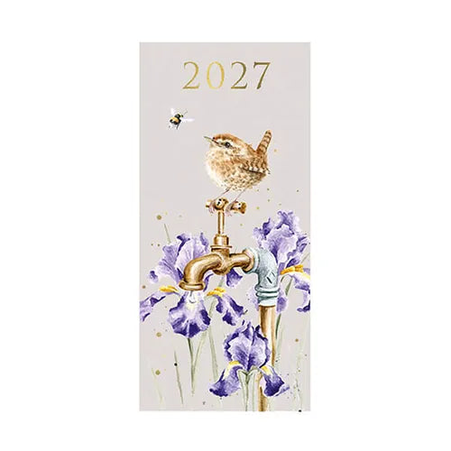 Wrendale Designs 2027 slim diary featuring an illustrated wren on a garden tap with purple irises and gold foil lettering