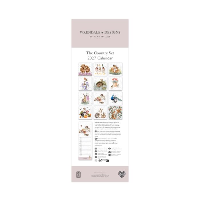 Wrendale Designs The Country Set 2027 slim calendar showing countryside illustrations and monthly date layout