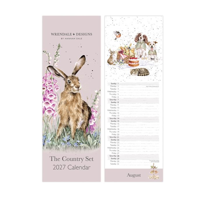 Wrendale Designs The Country Set 2027 slim calendar showing countryside illustrations and monthly date layout