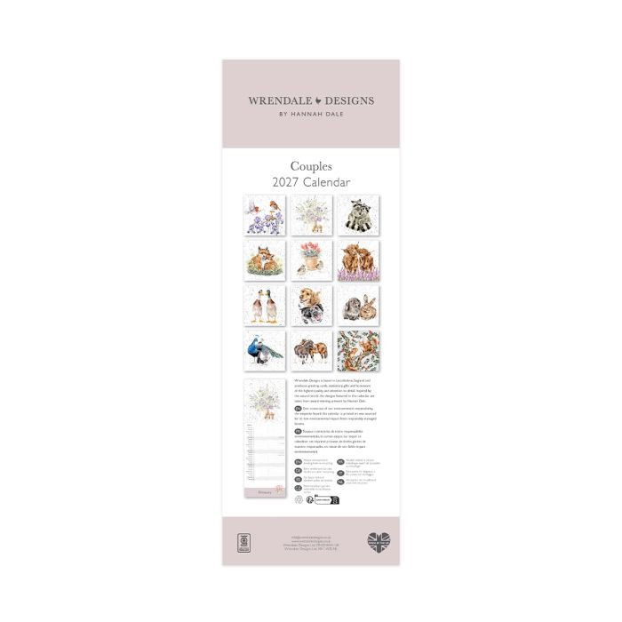 Wrendale Designs Yours and Mine 2027 couples slim calendar showing duck illustration and dual date columns
