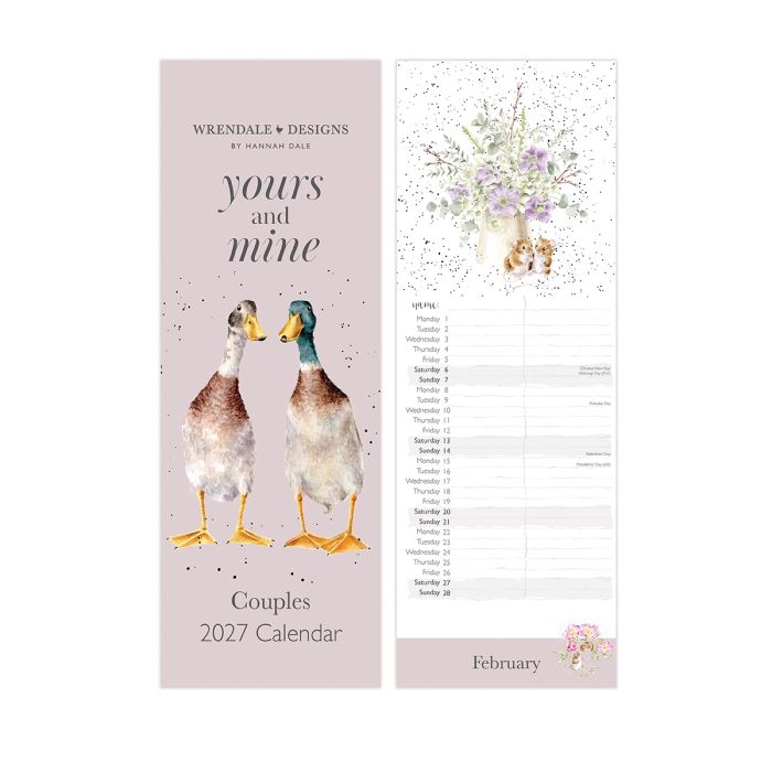 Wrendale Designs Yours and Mine 2027 couples slim calendar showing duck illustration and dual date columns