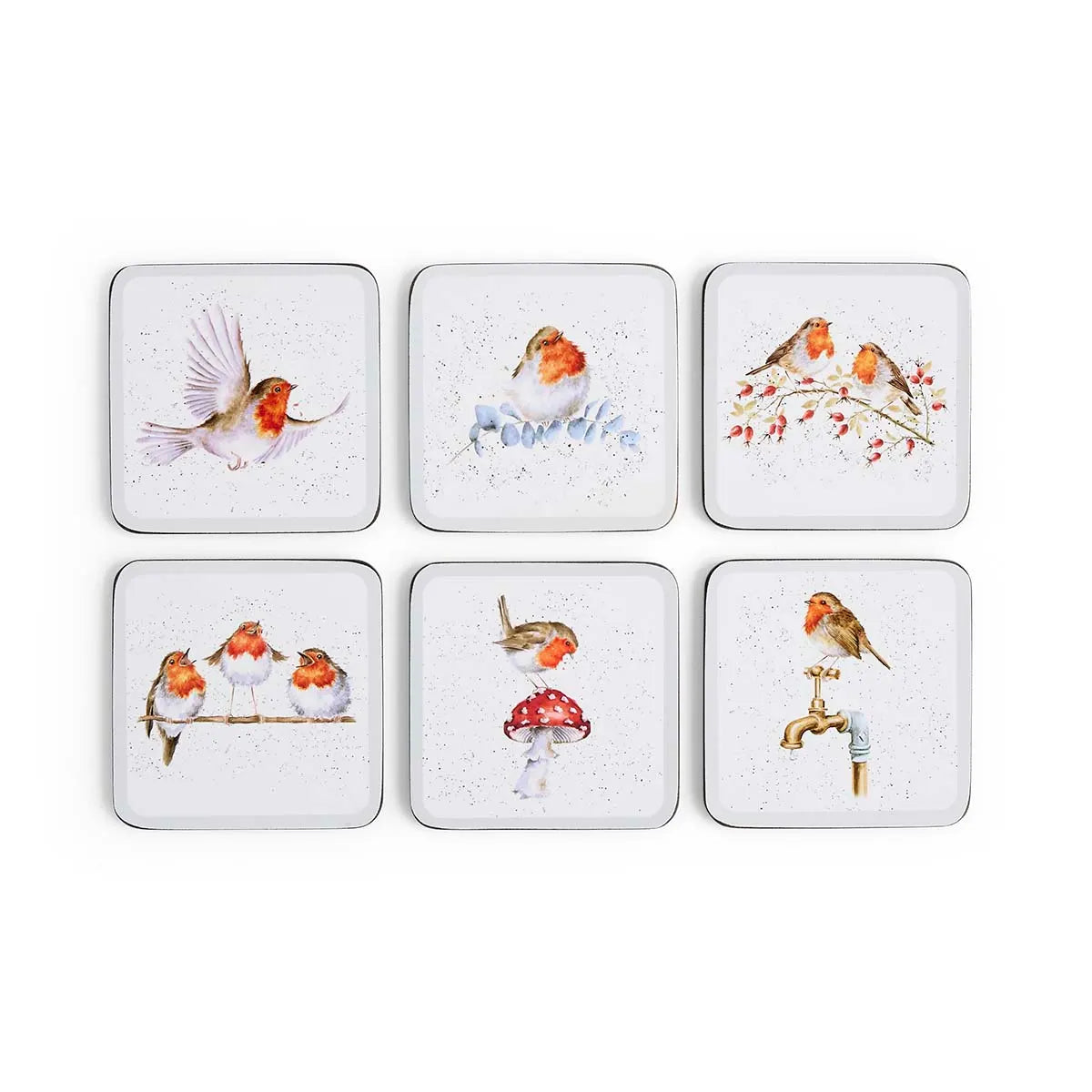Wrendale Designs Festive Friends set of six cork-backed drinks coasters with watercolour robin illustrations by Hannah Dale