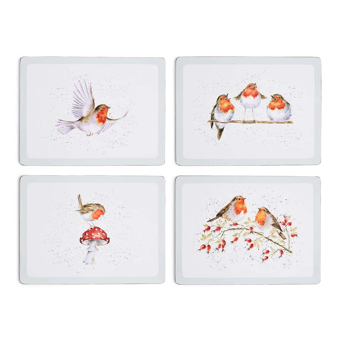 Wrendale Designs Festive Friends set of four large cork backed placemats featuring watercolour robin illustrations by Hannah Dale