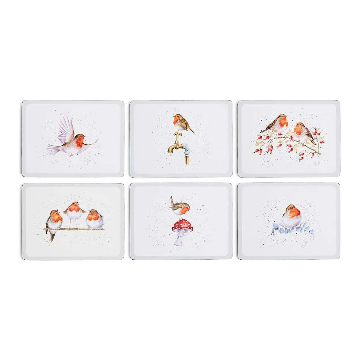 Wrendale Designs Festive Friends set of six cork-backed placemats featuring watercolour robin illustrations by Hannah Dale