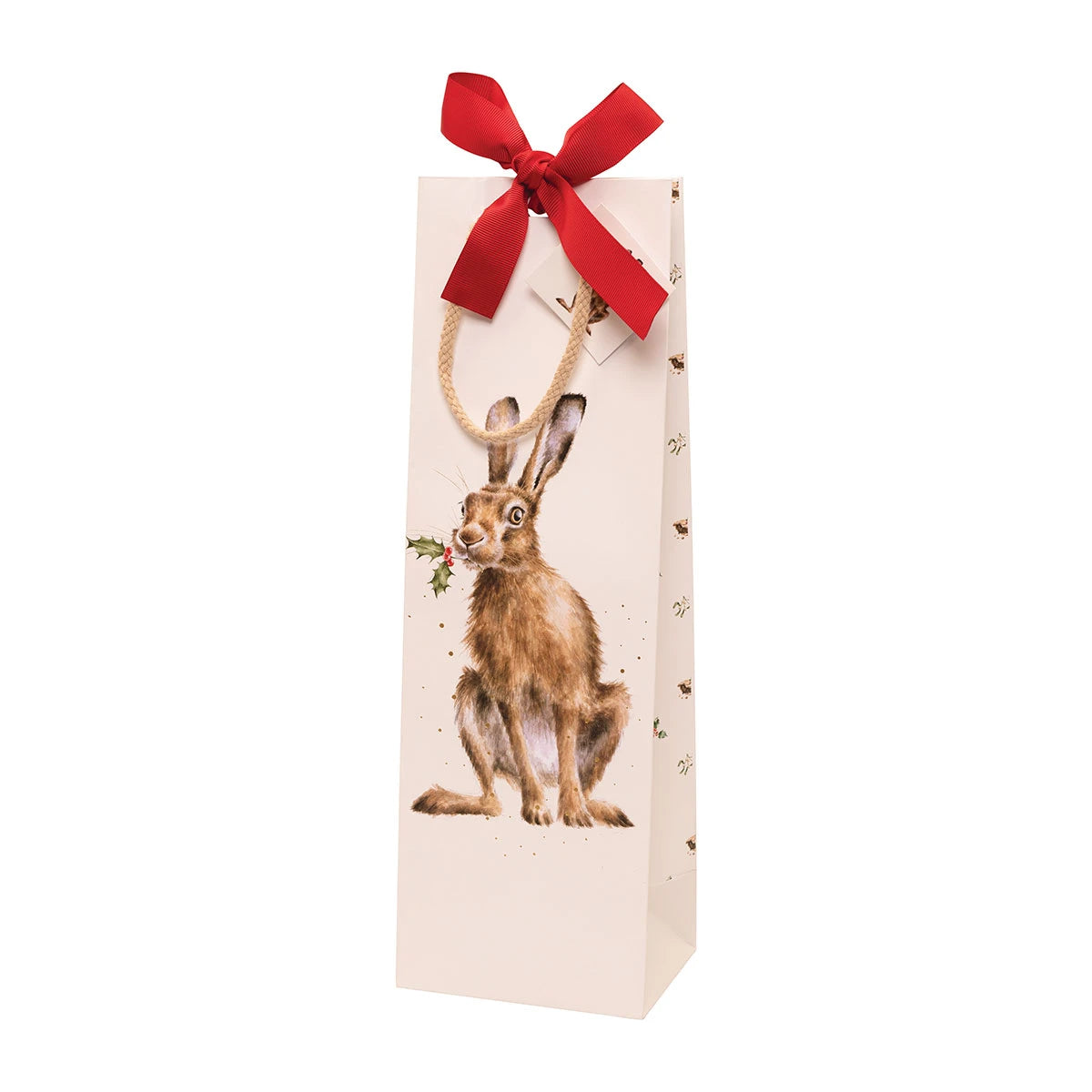 Wrendale Designs Golden Hour bottle gift bag featuring illustrated hare with holly sprig and festive red ribbon bow
