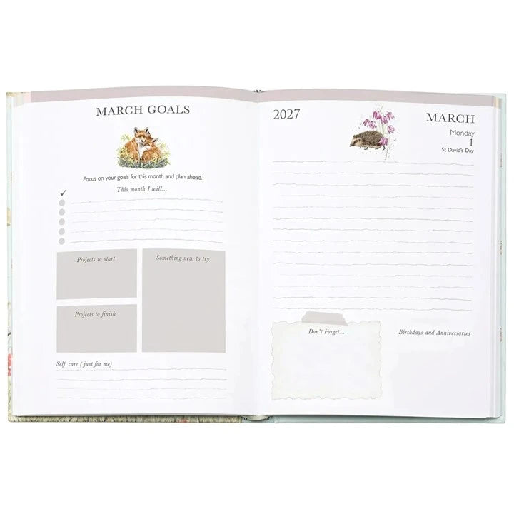 Wrendale Designs Highland Cows 2027 A5 day-a-page hardback diary featuring two calves in heather by Hannah Dale