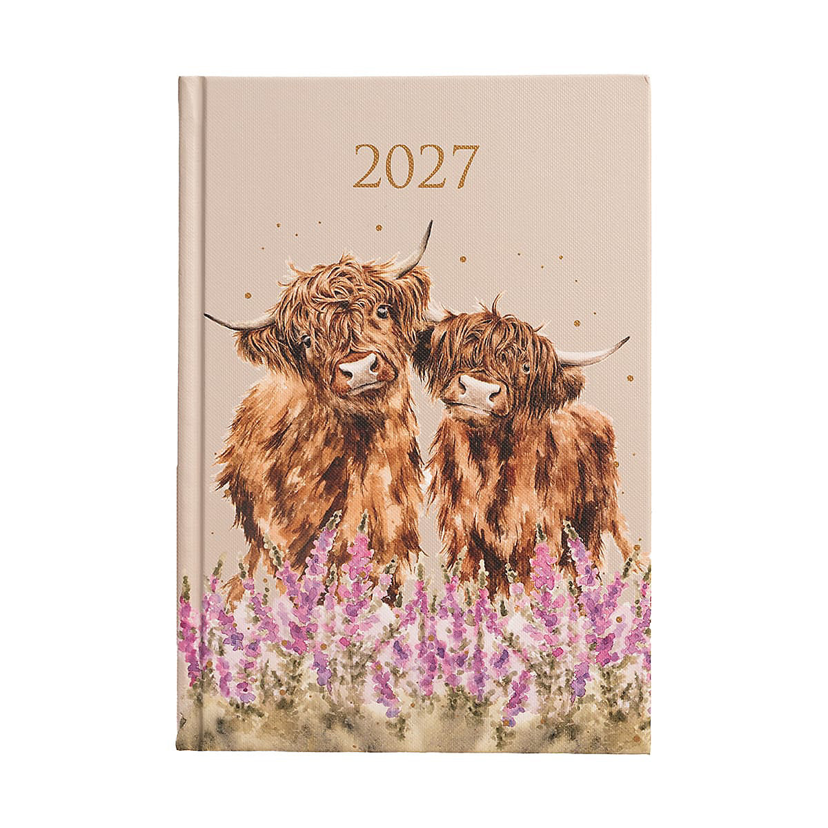 Wrendale Designs Highland Cows 2027 A5 day-a-page hardback diary featuring two calves in heather by Hannah Dale