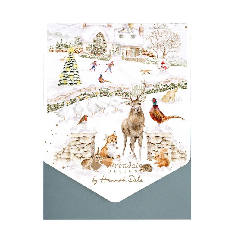 Wrendale Designs Snow Place Like Home notecard pack of 8 featuring watercolour woodland animals in a snowy village scene