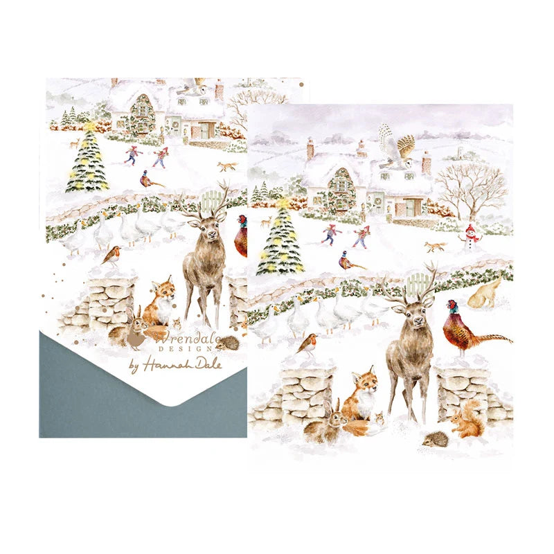 Wrendale Designs Snow Place Like Home notecard pack of 8 featuring watercolour woodland animals in a snowy village scene