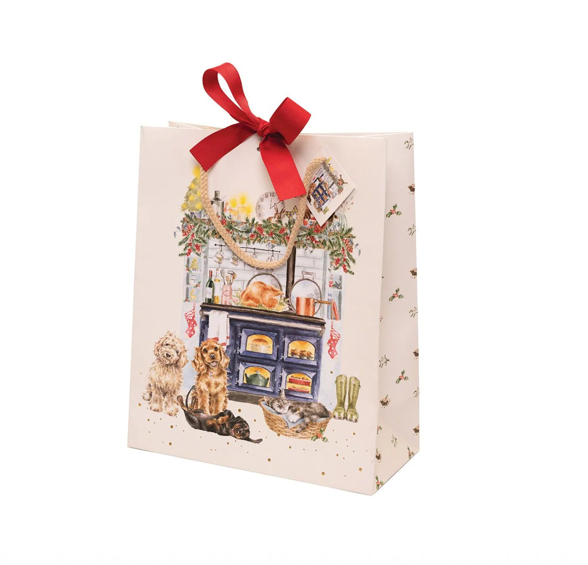 Wrendale Designs The Country Kitchen large Christmas gift bag with festive range cooker artwork, red ribbon bow, and gift tag