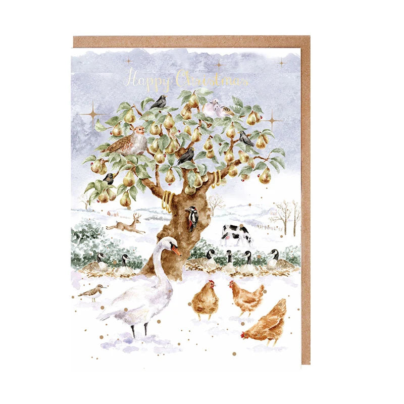 Wrendale Designs The Twelve Days Of Christmas notecard pack of 8 showing watercolour pear tree and wildlife in snow