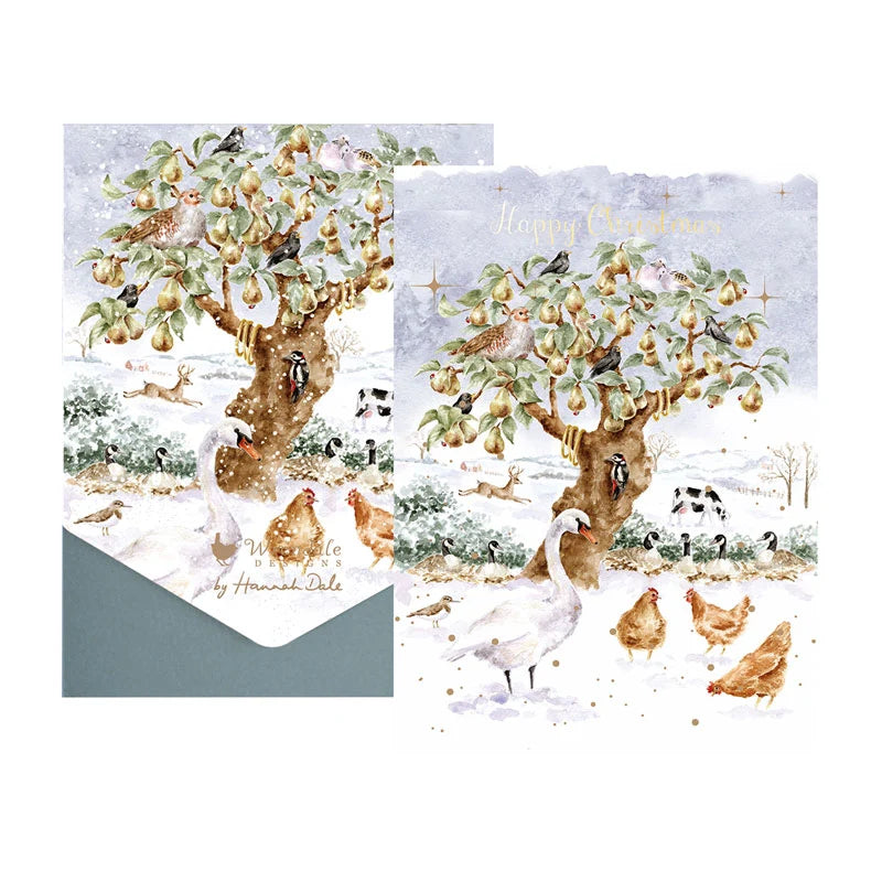 Wrendale Designs The Twelve Days Of Christmas notecard pack of 8 showing watercolour pear tree and wildlife in snow