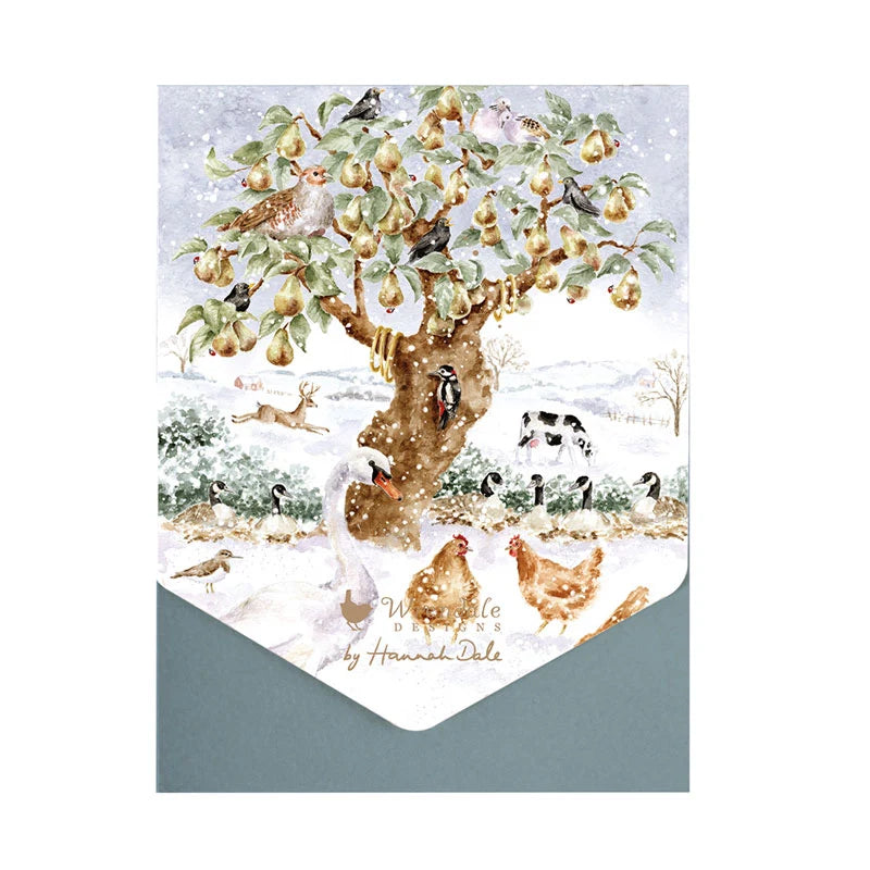 Wrendale Designs The Twelve Days Of Christmas notecard pack of 8 showing watercolour pear tree and wildlife in snow
