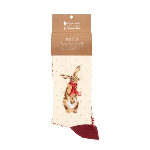 Wrendale Designs men's cream bamboo socks featuring an illustrated festive hare with red scarf and burgundy toe accents