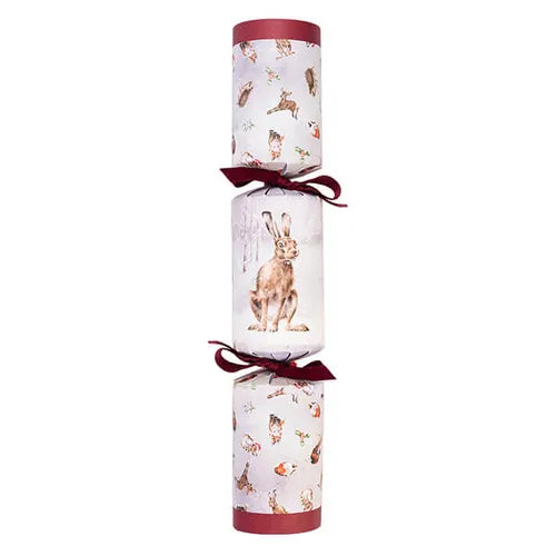Box of six Wrendale Designs Woodland Christmas crackers featuring watercolour hare illustrations and wooden animal ornaments