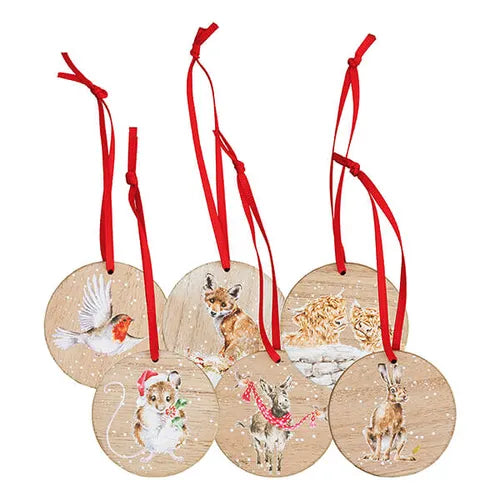 Box of six Wrendale Designs Woodland Christmas crackers featuring watercolour hare illustrations and wooden animal ornaments