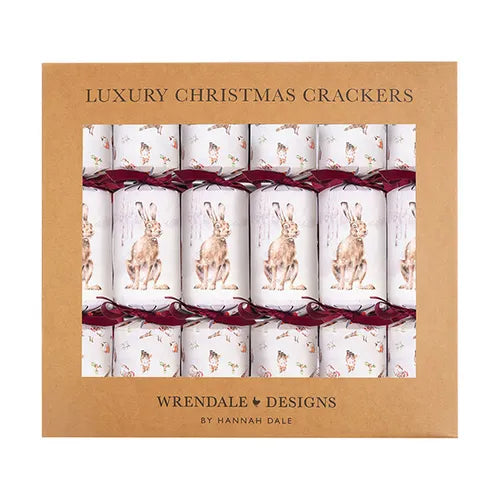 Box of six Wrendale Designs Woodland Christmas crackers featuring watercolour hare illustrations and wooden animal ornaments